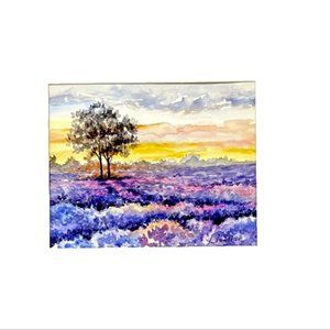 PAINTING WATERCOLOR ART ORIGINAL LANDSCAPE LAVENDER PURPLE PINK 8X10 MAT 16X20
